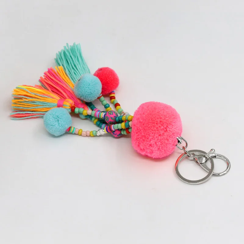 Women Jewelry Boho Keychain Colorful Beads Tassel Pompom Bag Pendant Keychain Car Key Chains Accessories Gift Female