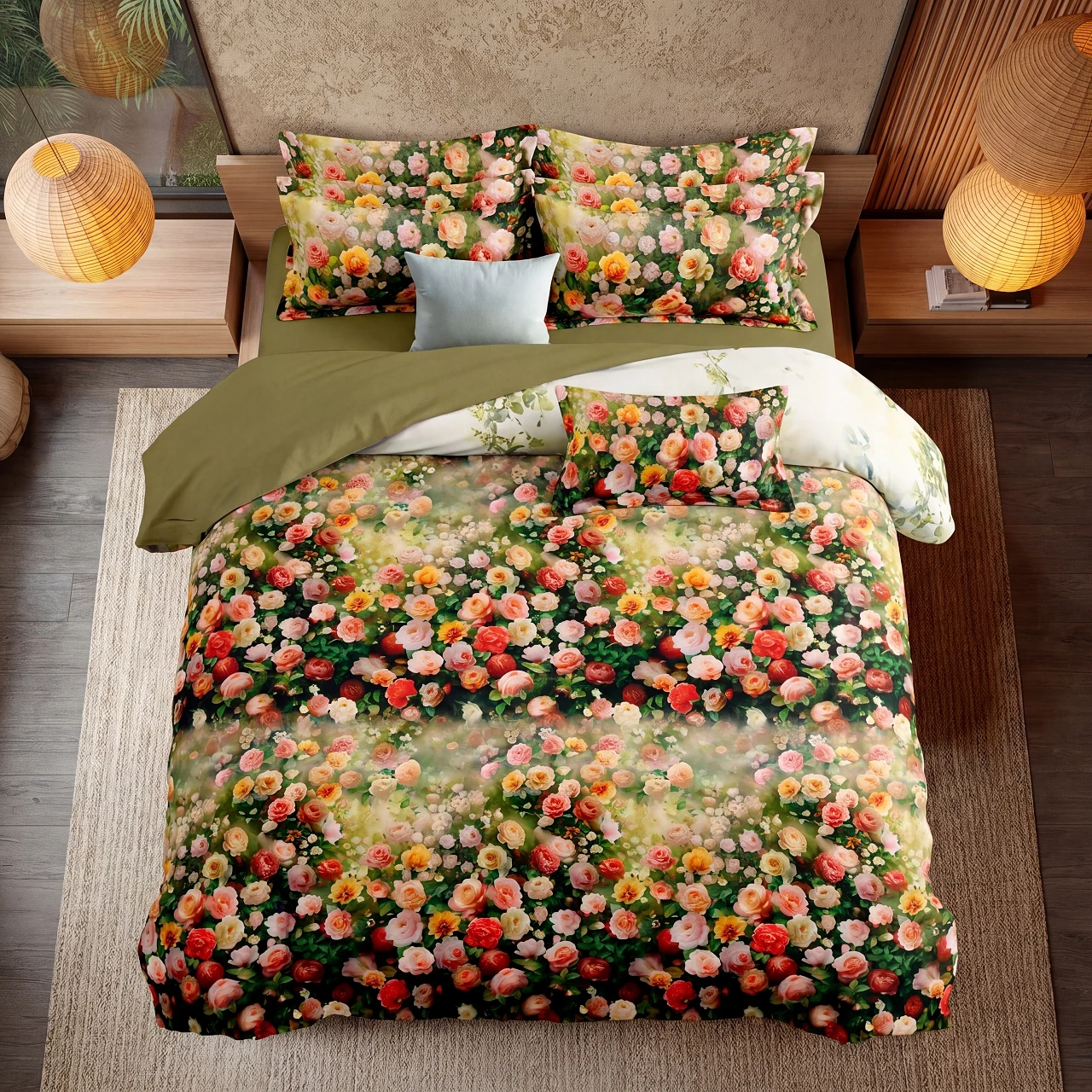 Blooming Rose Garden Duvet Cover Set 100% Cotton Vibrant MultiColor Floral Bedding 3Pcs Set, Duvet Cover 2Pillowcases MultiSize