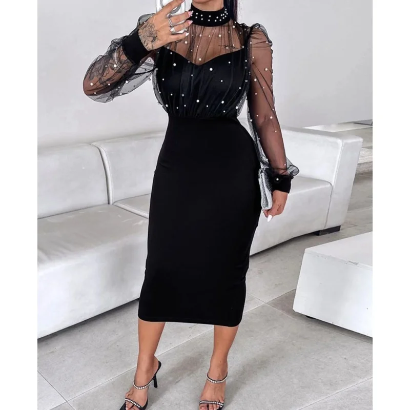 Indie Elegant Black Turtleneck Prom Gown Customized Pearl Tulle Sleeve Party Evening Dress Tea Length Special Occasion Dresses