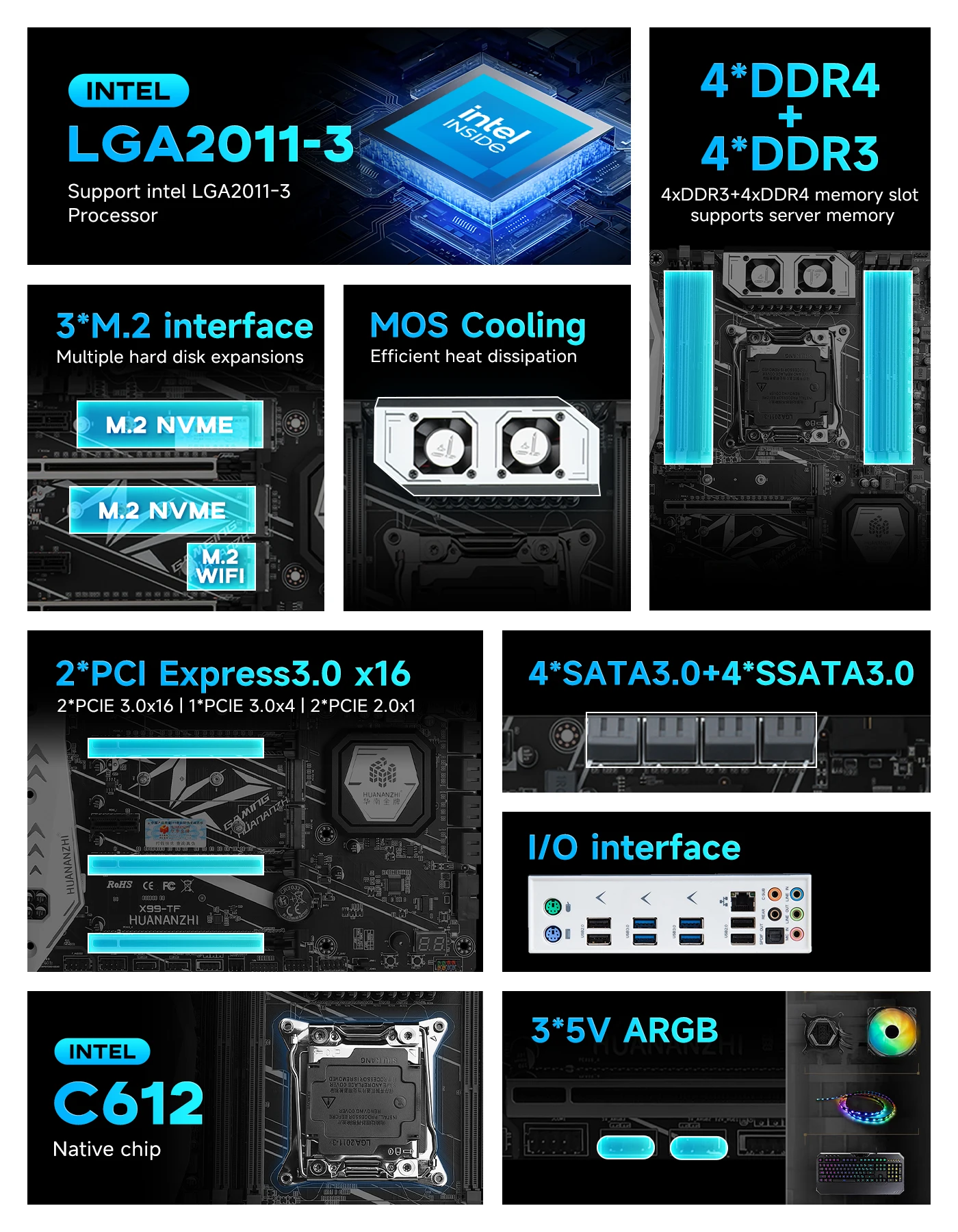 HUANANZHI X99-TF+TPM2.0 Motherboard LGA2011-3 ATX  ARGB