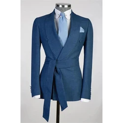 Fashion Solid Color Men's Jacket Single Piece With belt Peak Lapel Blazer Daily Male Clothing