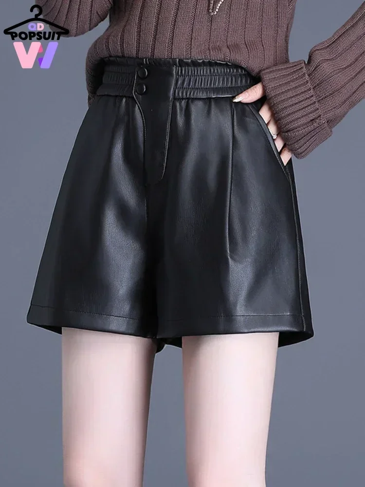 New in Women PU Leather Booty Short Pant Casual Sexy Elastic High Waist Button Pocket Wide Leg Street-wear Shorts Skirt Trousers