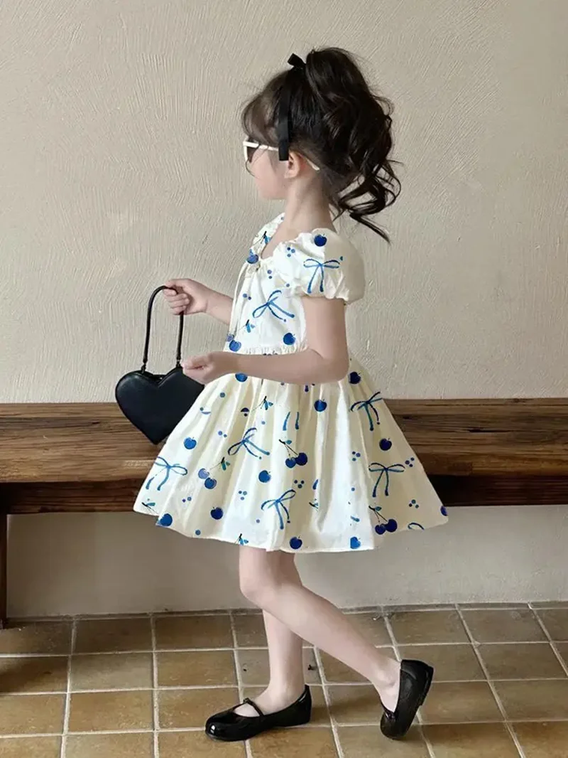 

Summer 2026 New Girl Printed Dress with Bow Cherry Children's Princess Short Sleeve Dress 90-140CM