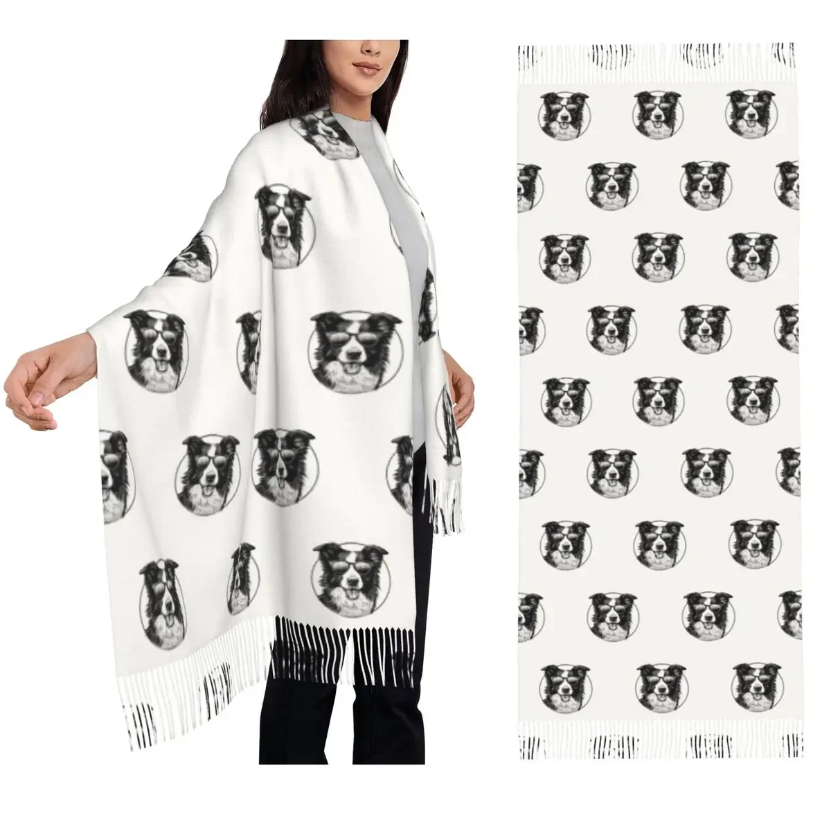 

Шарф бордер-колли, шарфы с кисточками, женские мягкие теплые шали и накидки, большая осенне-зимняя шаль