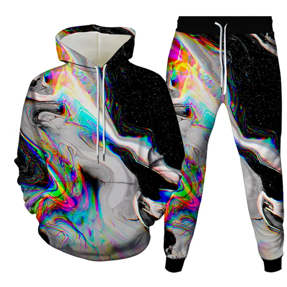 Watercolor Art Paint Grapic Printing Men Fashion Tracksuit Clothes Hooded Sweatshirt Jogging Pants 2 Pieces Sets Plus Size S-6XL