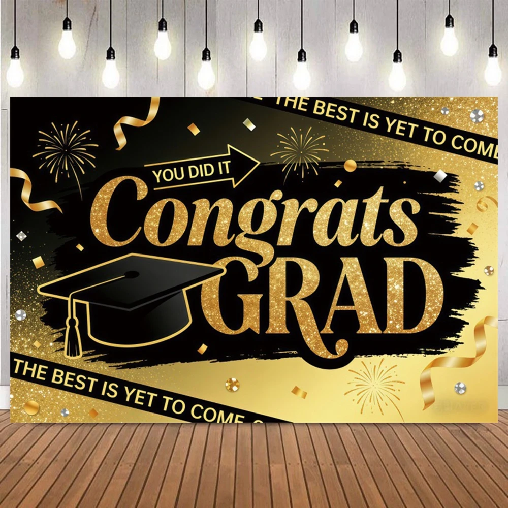 2026 Graduation Party Backdrop Class of 2026 Congratulation Bachelor Hat Golden Glitter Balloons Graduates Photo Background Prop