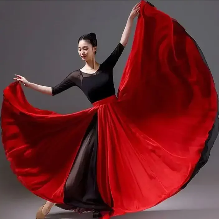 Women Classical Modern Dance Training Skirt Elegant Ethnic Double Chiffon Performance Swing Skirt Wrap Ethereal 720 Degree Skirt