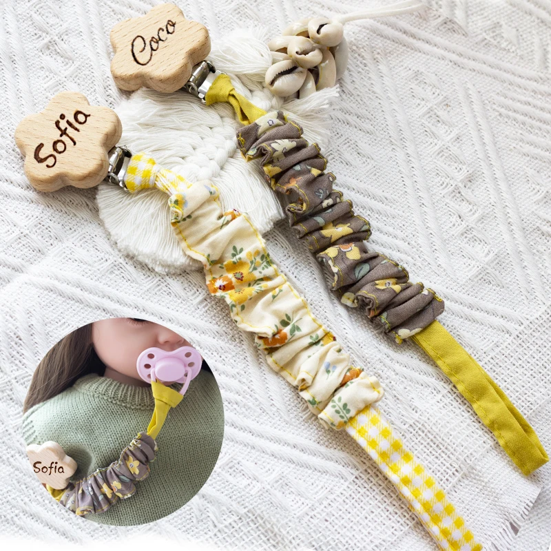 Custom Name Wooden Personalized Baby Pacifier Chain Flower Dummy Nipple Holder Guard Teether Pendant  Newborn Gift Stuff