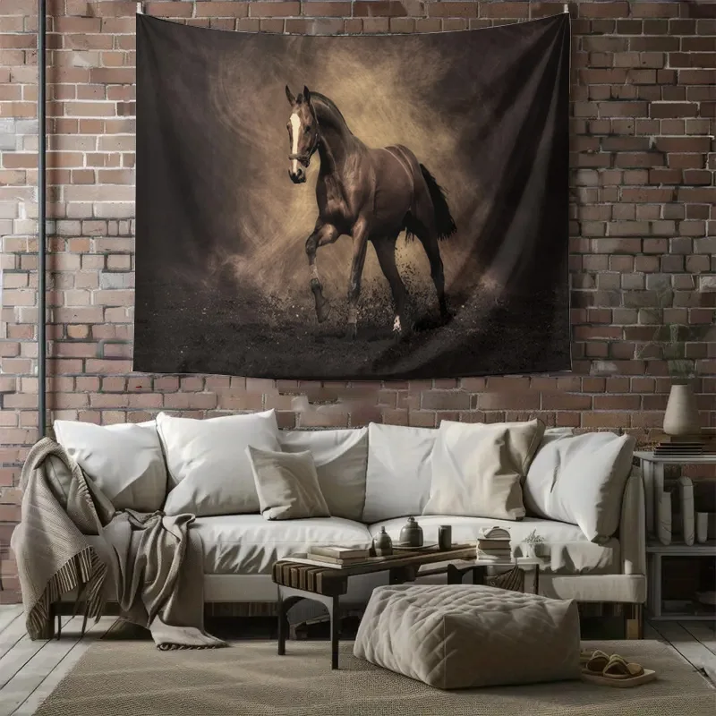 Powerful Brown Horse Galloping in Dusty Wind Dramatic Lighting Art Wall Tapestry Machine Washable All Season Decor Print Home