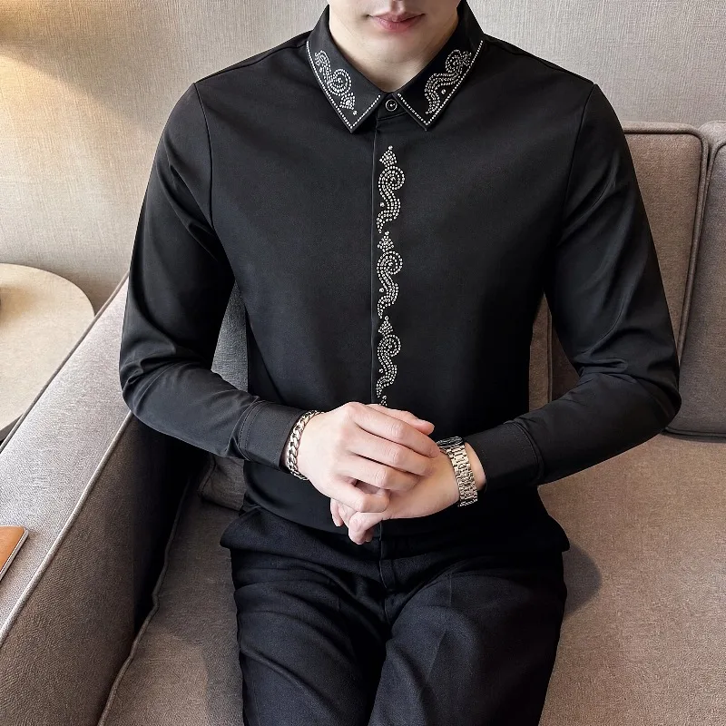 2026 Autumn Rhinestone Long Sleeved Seamless Business Shirt Men High-quality Slim Fit Casual Social Shirts Streetwear Blouse