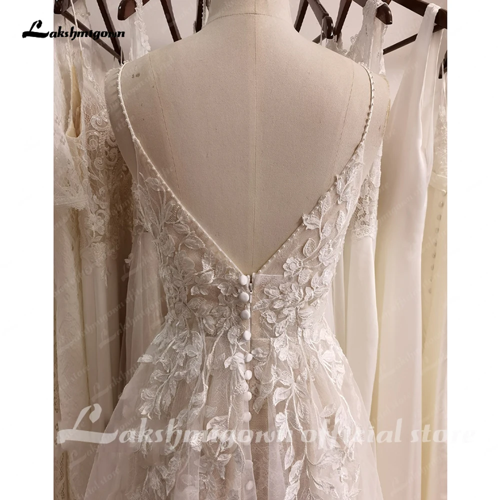 Lakshmigown Brautkleid mit Spaghettiträgern und Tüll, V-Ausschnitt, ärmellos, bodenlang, maßgeschneidert – Detail 8