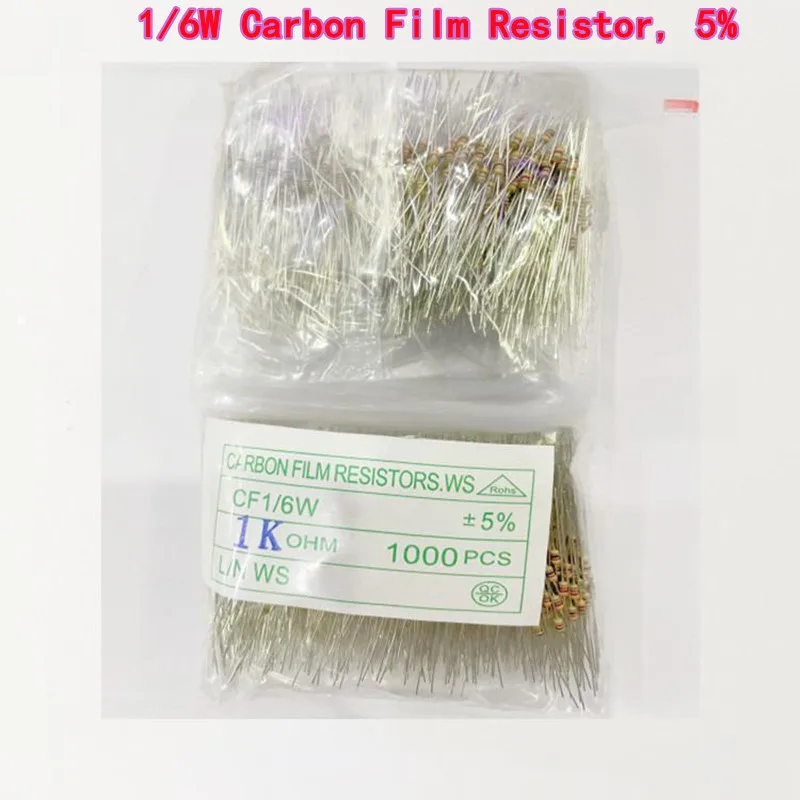1000PCS 1/6W Carbon Film Resistor, 5% Tolerance 1K 1R 2.2R 4.7R 10R 15R 4.7K 5.1K 10K 100K 510K 470R 1M 1PACK Of 1000pcs