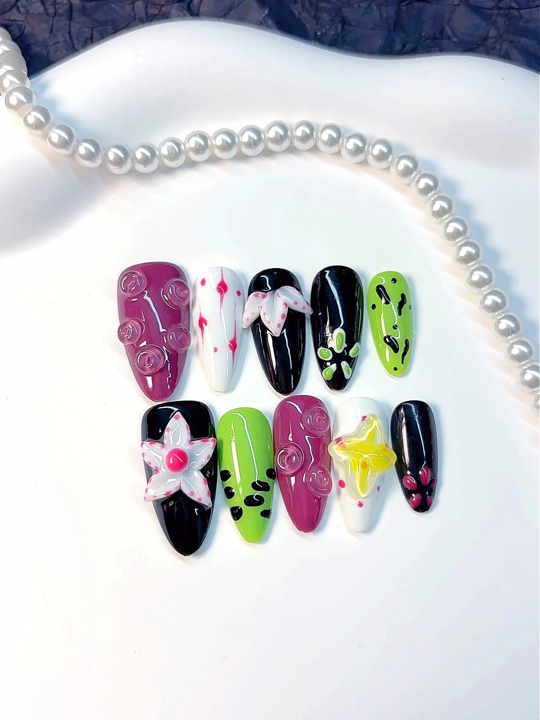 Multi-Colored Three-Dimensional Flower Mid-Length Almond-Shaped Press-On Nails (D248)