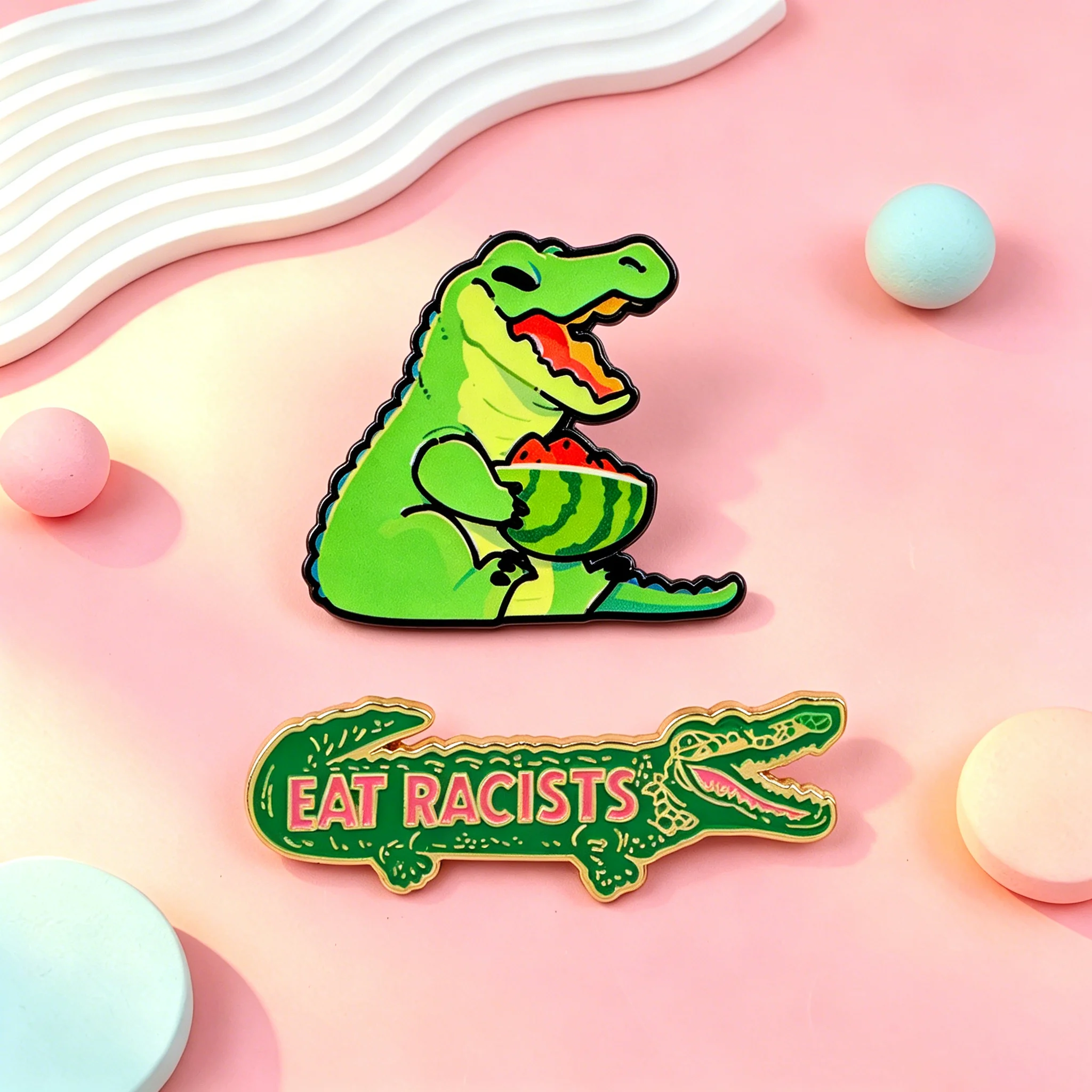 

Cartoon Crocodile Enamel Pins "Eat Racists" Brooches Watermelon Badges for Backpacks Collection Gifts Cosplay Accessories