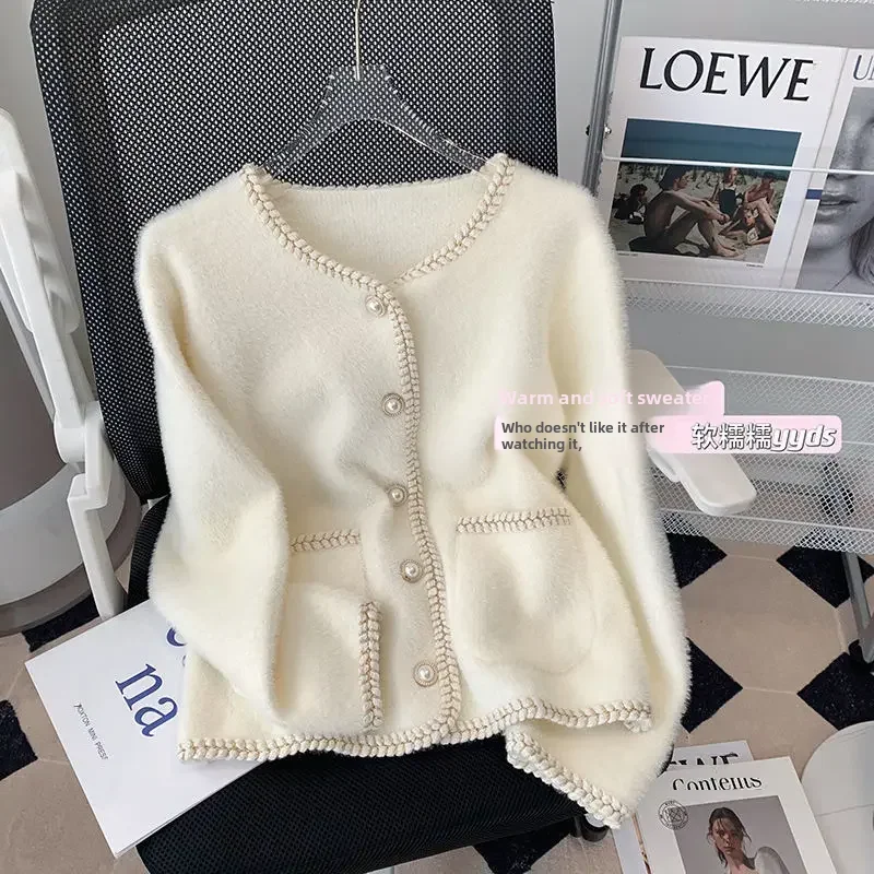 2024 New Arrival  Women's Autumn/winter Cardigan Mink Knit Jacket Fashionable Tweed White Sweater