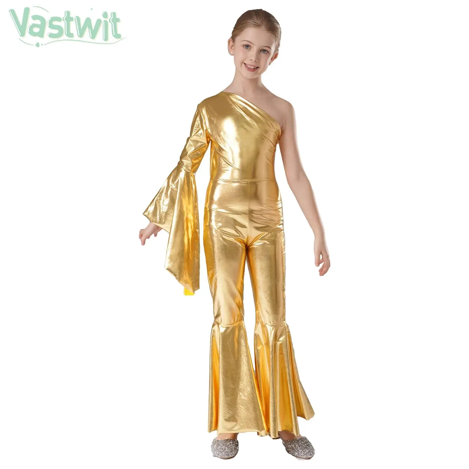 Girls Fashion Metallic Shiny Bell-Bottom Disco Dance Jumpsuit for Cosplay Party Cheerleading Jazz Dancing Stage Performance