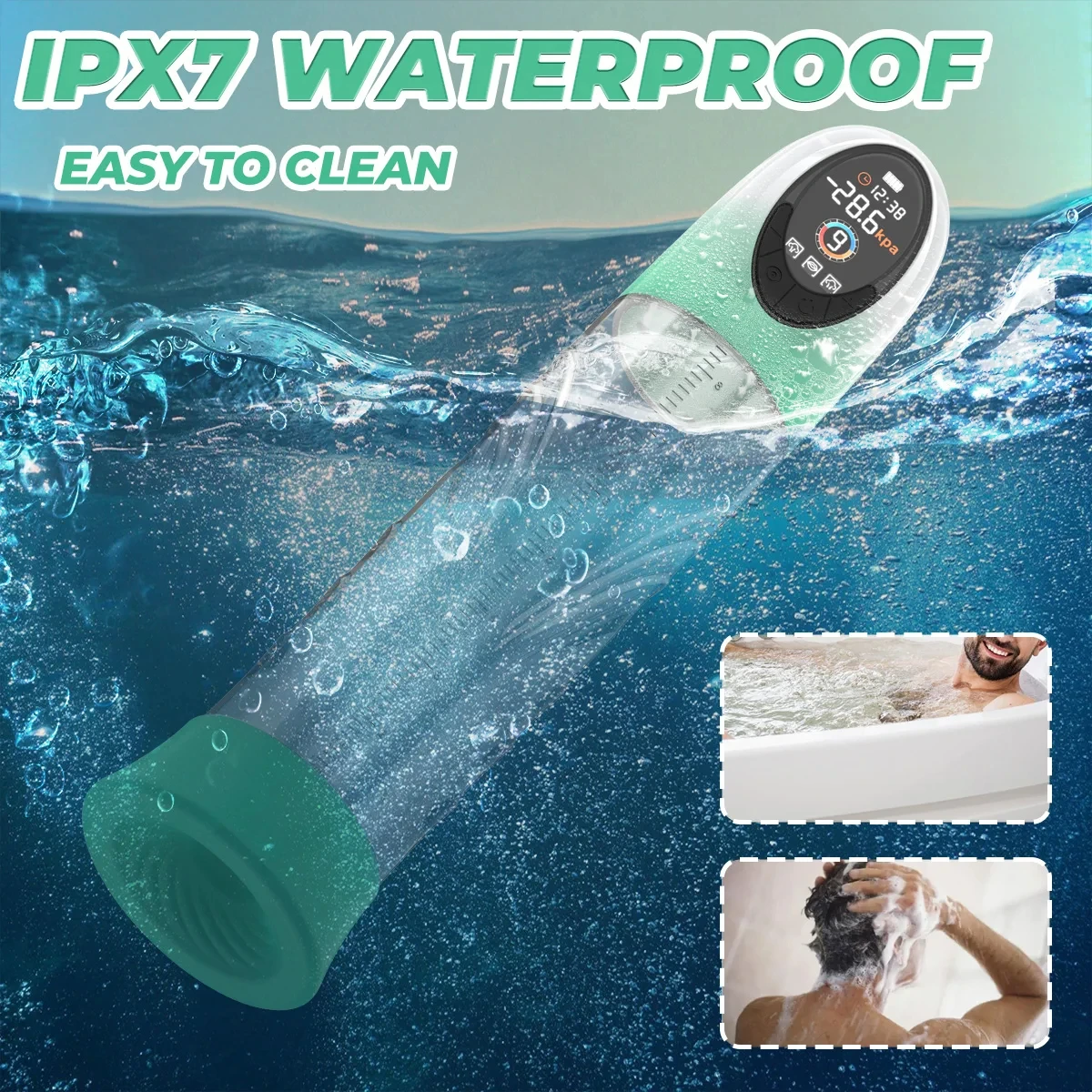 مضخة القضيب ألعاب الجنس الذكور الكهربائية فراغ IPX7 شاشة الكريستال السائل مقاوم للماء 4 مستويات الضغط 9 شفط التدريب القضيب موسع أكبر
