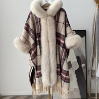 6 Color Winter Warm Thick Batwing Sleeve Striped Loose Coat With Hat Women Overcoat Big Faux Fur Collar Long Cardigan Cloak