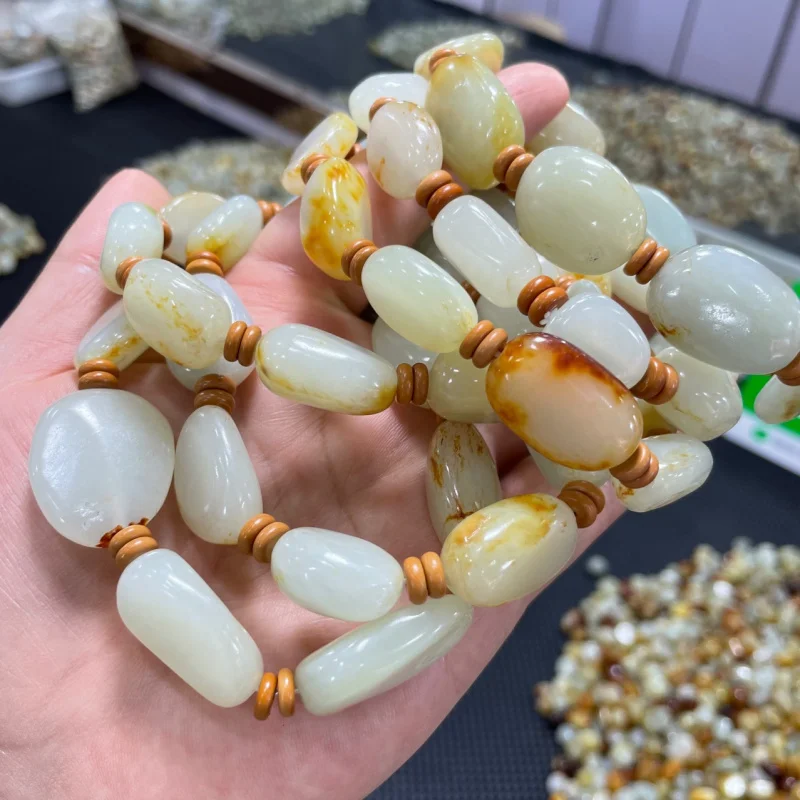 Xinjiang Hetian Jade Pebble Rough Stone BraceletScattered Beads Accessories Yellow Red Infusion Leather