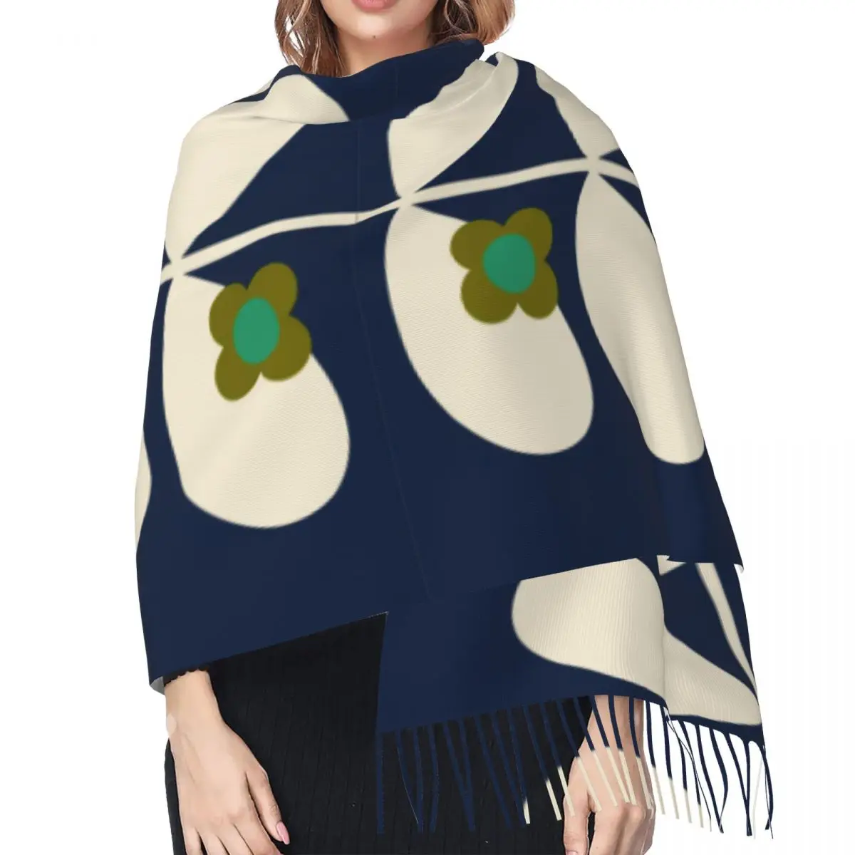 Custom Print Wild Rose Stem Navy Orla Kiely Tassel Scarf Women Winter Warm Shawls Wraps Ladies Fashion Versatile Female Scarves