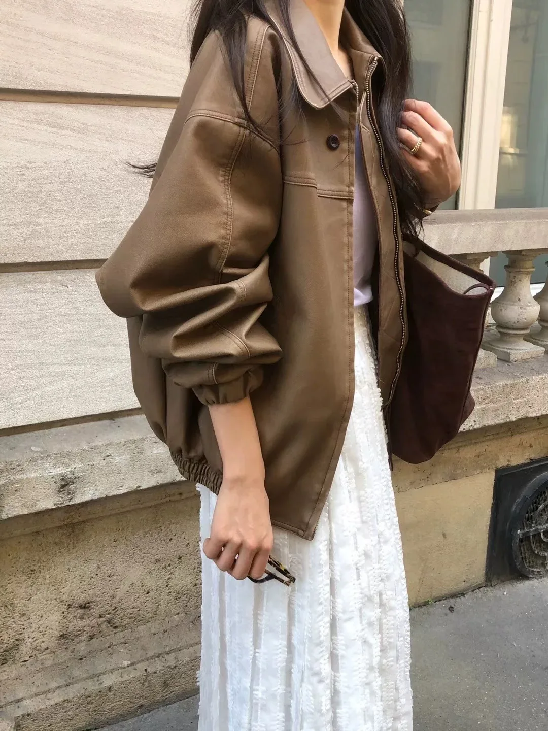 Sli PU Leather Jaet Women's Chic Retro Lapel Loose Versatile BF Sle Motorcycle Clothes Trendy Autumn Faion