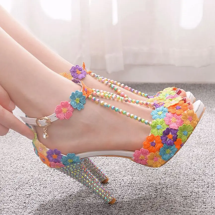 

Summer Fashion Sandals for Women Open Toe Pumps Multicolour Flower String Bead Platform PU 10CM Thin Heels Peep Toe Women Shoes