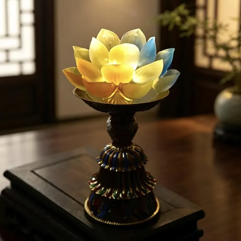 Chinese Style Glazed Lotus Lamp Colorful Enamel Buddha Light Home Decor Vintage Table Lantern Wholesale Single Piece