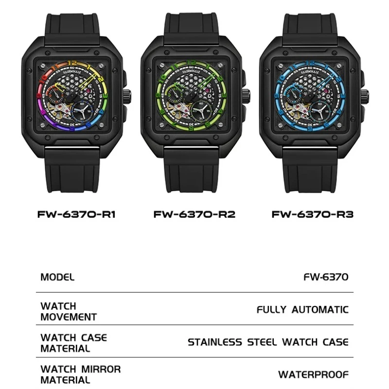 مارك Fairwhale 6370 أزياء العلامة التجارية الرجال التلقائية الميكانيكية ووتش عارضة سيليكون حزام أسود الرياضة سلسلة الساعات للرجل Reloj
