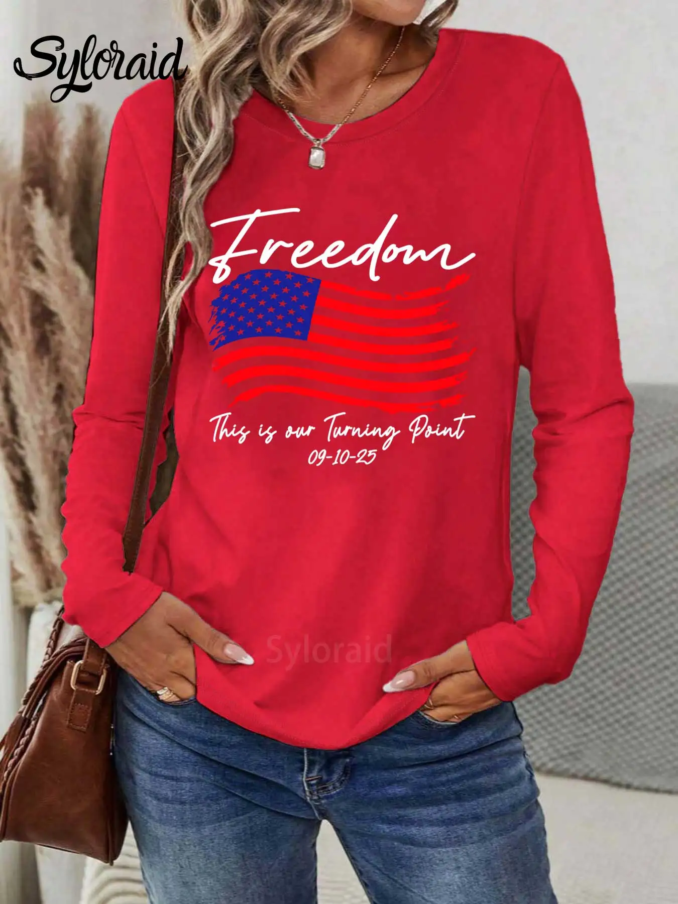 المرأة طويلة الأكمام تي شيرت تحول نقطة طباعة تي شيرت الحرية الوطنية قميص الموضة جولة الرقبة عارضة أعلى #3