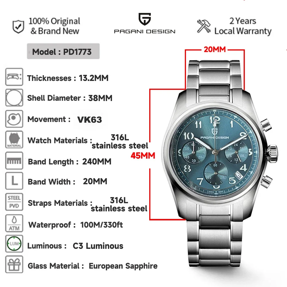 PAGANI DESIGN 2025 New Men's Quartz Watch VK63 38mm Sapphire Glass AR Coating Stainless Steel Waterproof 100m Reloj Hombre