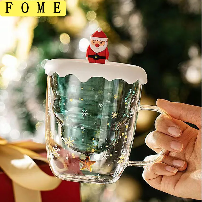 

FOME Рождественская елка Стеклянная чашка с крышкой Кофейная кружка Двухслойная прозрачная кружка для кофе с молоком Рождественские подарки Чашки для девочек