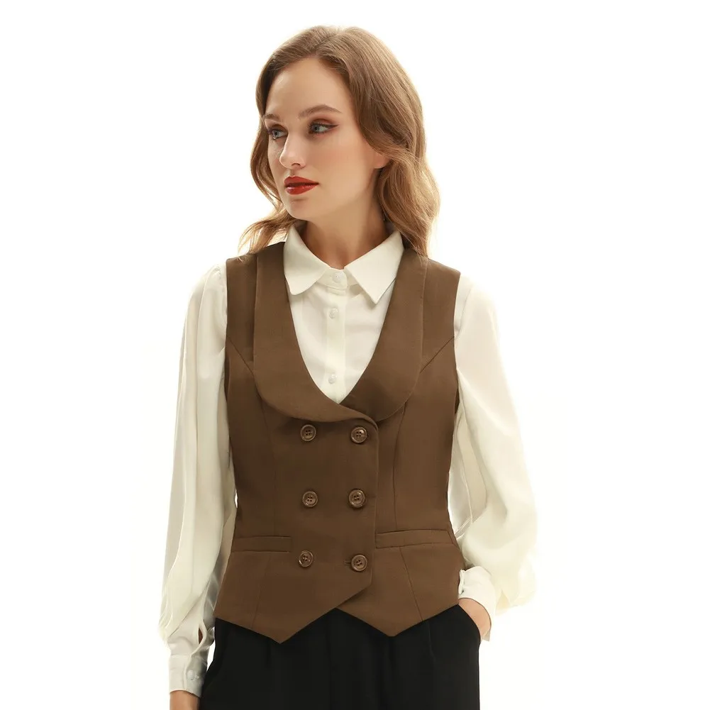 Belle Poque Women Vintage Double Breasted Vest Deep V คอผ้าเช็ดหน้า Hem เสื้อกั๊ก Coat Vintage ปกเสื้อกั๊กกับกระเป๋า