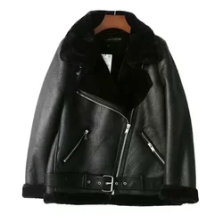 Elegante vrouwen faux lamswol bont leren jas winter mode dame sjerpen zwarte bovenkleding streetwear vrouwelijke rits pakken