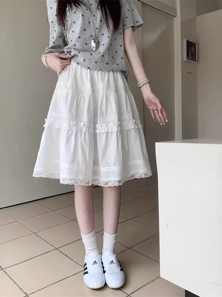 Ballet Style Half Skirt Women's New Lace Trim Cake Design High Waist A-Line Midi Skirt Breathable Skin-Friendly Inner Lined