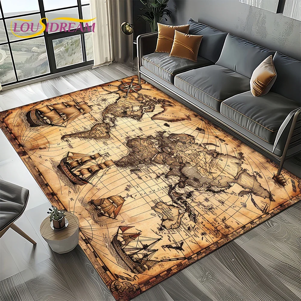 2025 Retro Ancient Nautical Chart Kraft World Map Compass Carpet Rug for Living Room Bedroom Sofa Decoration,Non-slip Floor Mat