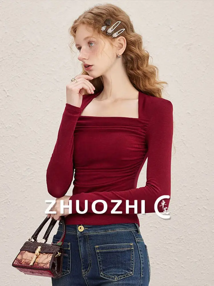 

Женская трикотажная футболка ZhuoZhi с длинным рукавом, приталенная, с квадратным вырезом, весенняя новинка, повседневная, дышащая, из чистого хлопка