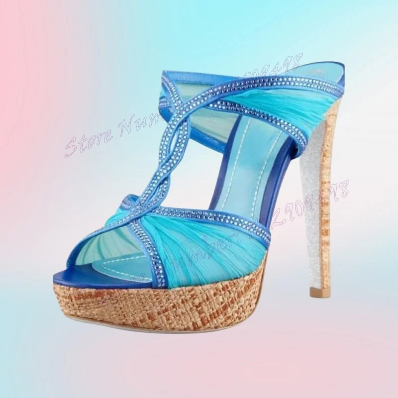 

Blue Air Mesh Platform Slippers Rhinestone Decor Open Toe Shoes for Women Stilettos High Heels Shoes 2025 Zapatos Para Mujere