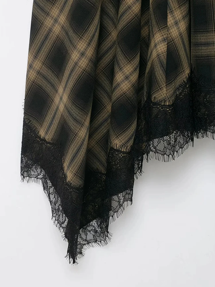 Women New Plaid Lace Long Skirts Loose Pleated Buttons High Waist A-line Female Skirt Autumn Lady Skirts