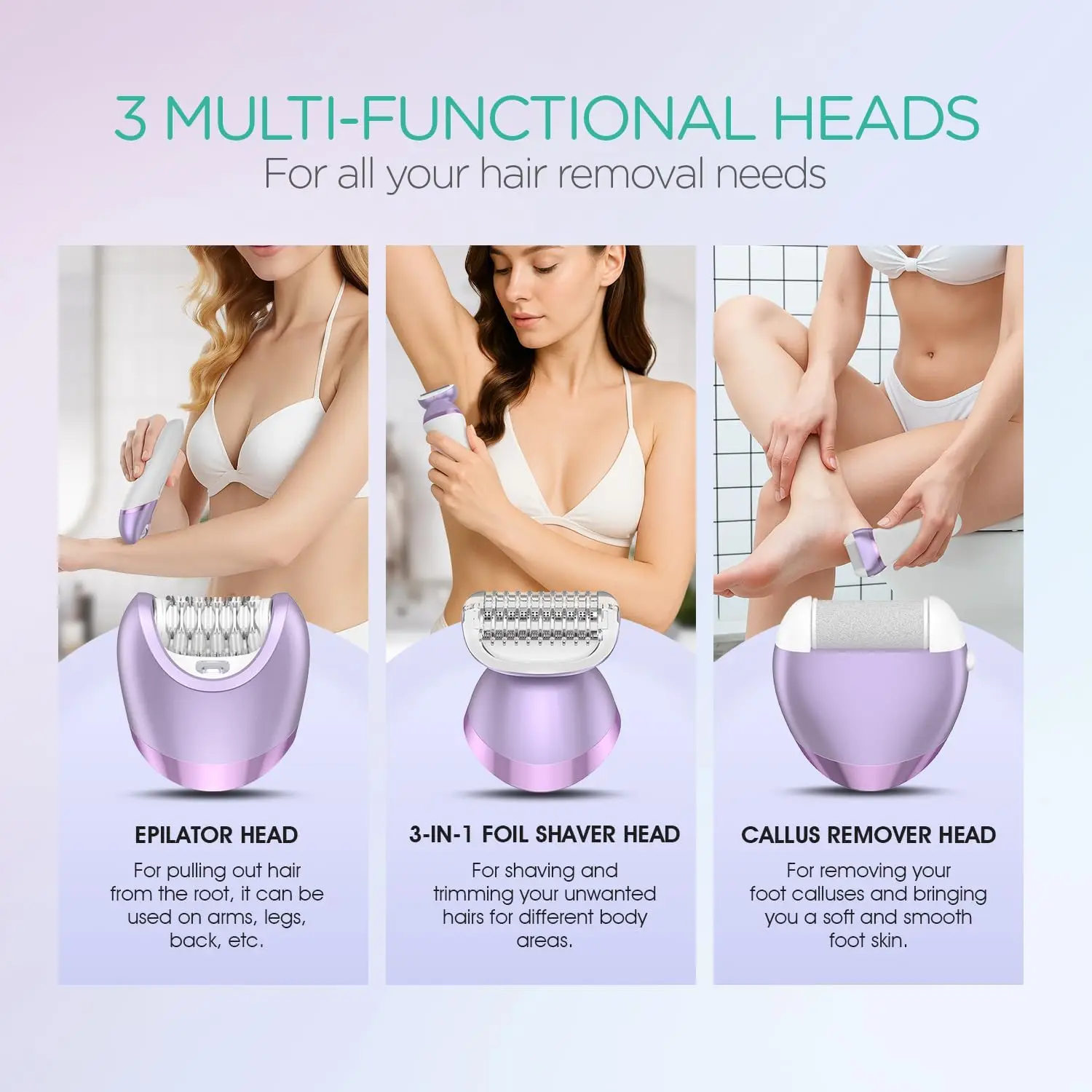 Cordless Epilator for Women, 3-in-1 Rechargeable Hair Removal Device with 30 Tweezers, Wet & Dry Use, Purple BM300