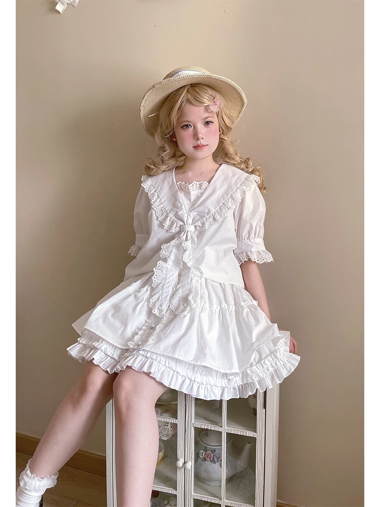 Japanese Style Sweet Lace Navy Collar White Short Sleeve Shirt Top Fungus Lace Removable Strap Skirt Women Outfots