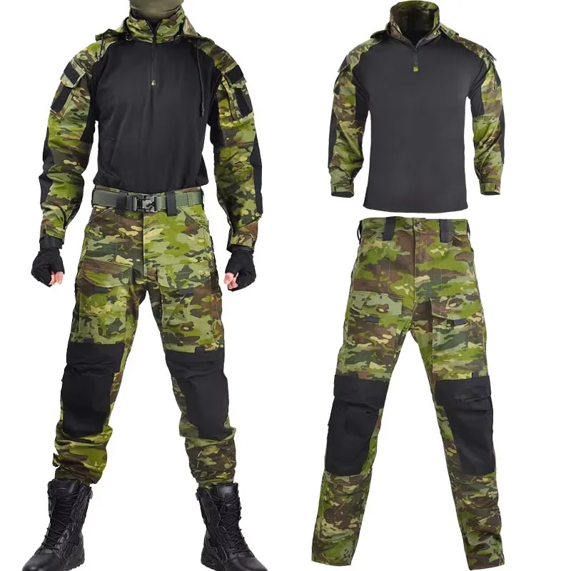 

Mens Emergency Tactical Uniform Outdoor Waterproof Breathable Long Sleeve Frog Suit Wear-Resistant Camouflage Hooded Shirt Set
