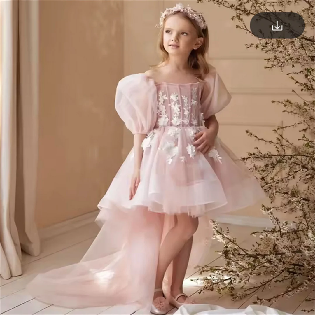 

Pink High Low Flower Girl Dresses Appliqued Baby Tulle Girl's Birthday Party Gowns Customized Kids First Communion Dresses