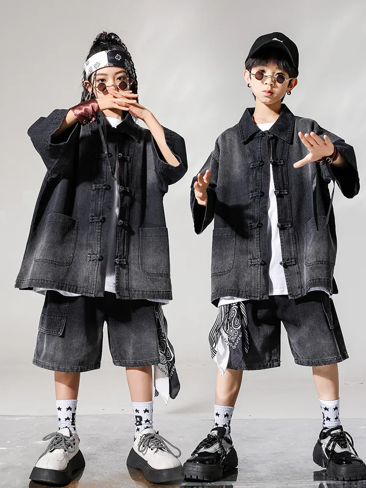 Boys Street Dance Costume Hip Hop Outfits Black Denim Shirt Shorts Kids Break Poppin Performance Wear Girls Jazz Clothes BL14283