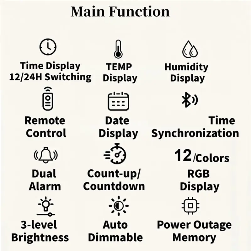 B97A-TEMP Humidity Date Week Count-Up/Countdown RGB Digital Wall Clock LED 12/24H Bluetooth Time Synchronization