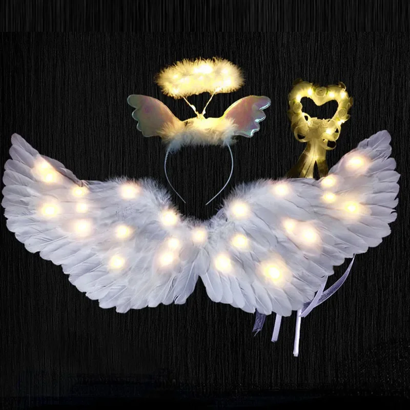 Adult Children LED Light Up Flashing White Feathers Angel Wings Performance Props Stage Shows Christmas