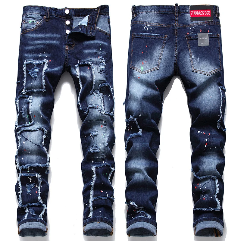 

Men's punk jeans chareiharper dsq1085 distressed patchwork jeans men's slim fit paint splatter elastic jeans small leg straight