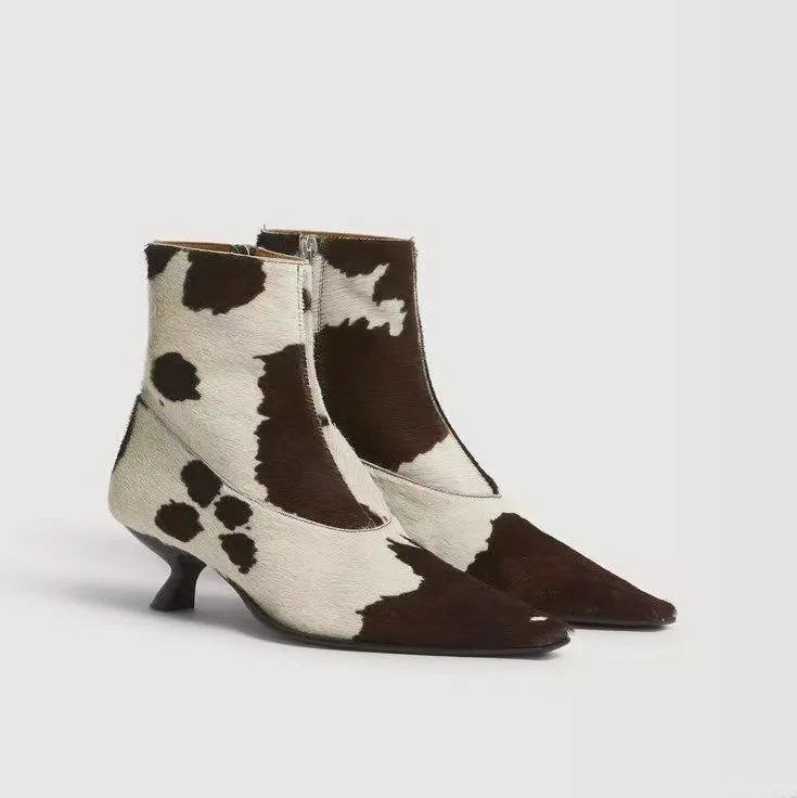 Women's Black low heels pointy toe horse hair ankle boots black leather cow print booties luxury designer causal dress shoes