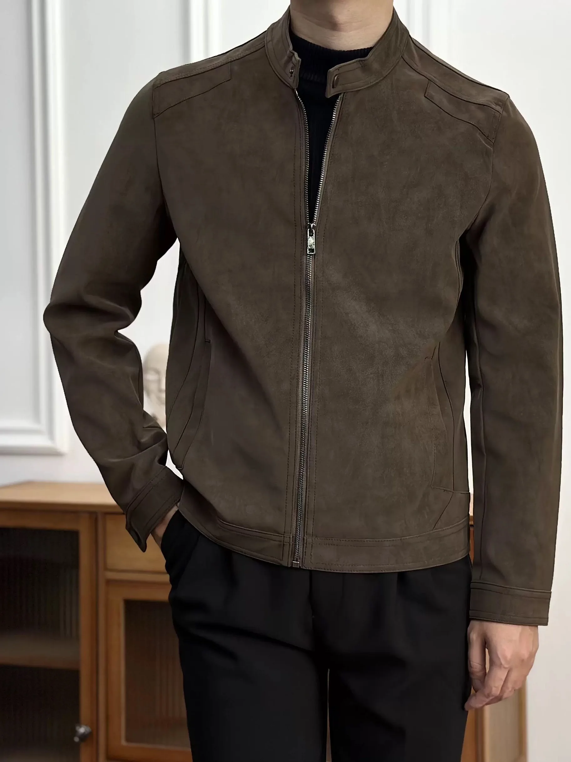 

Мужская повседневная кожаная куртка-косуха с воротником-стойкой, осенне-зимняя, коричневая, в рабочем стиле, свободного кроя, для подростков, модная