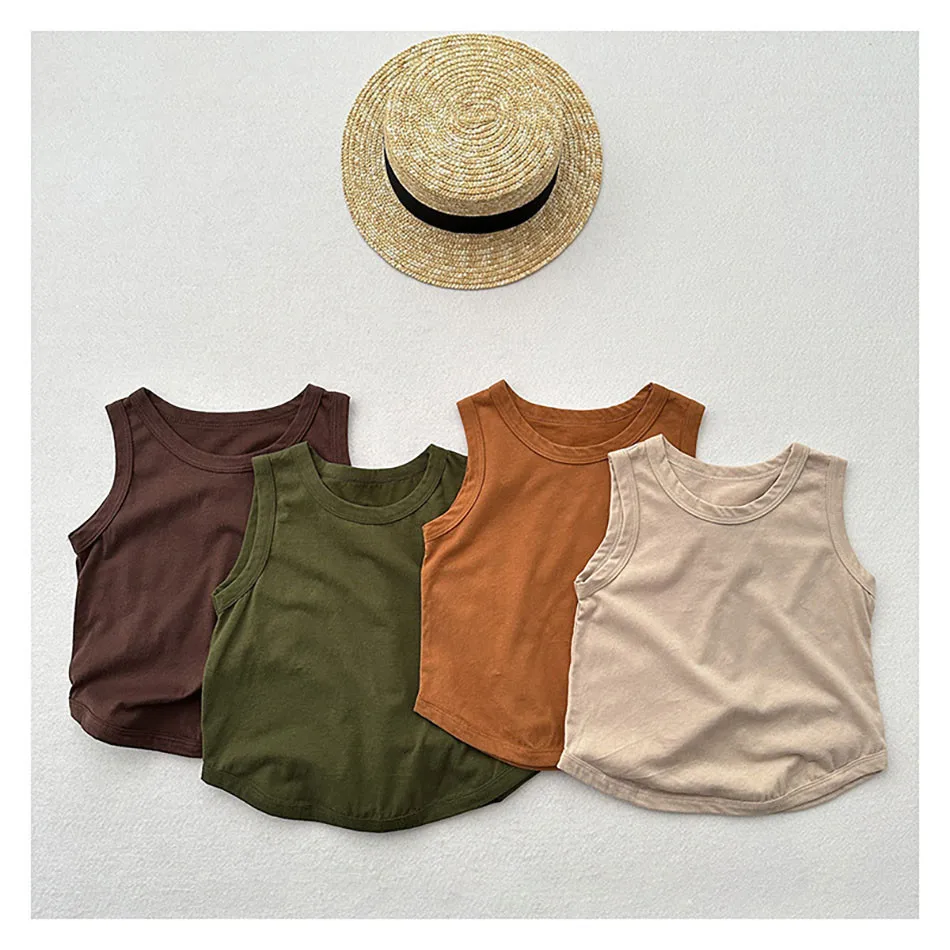 Boys Girls Fashion Casual Versatile Solid Color Cotton Thin Tank Top Summer Children Sleeveless Top Children Home Clothing