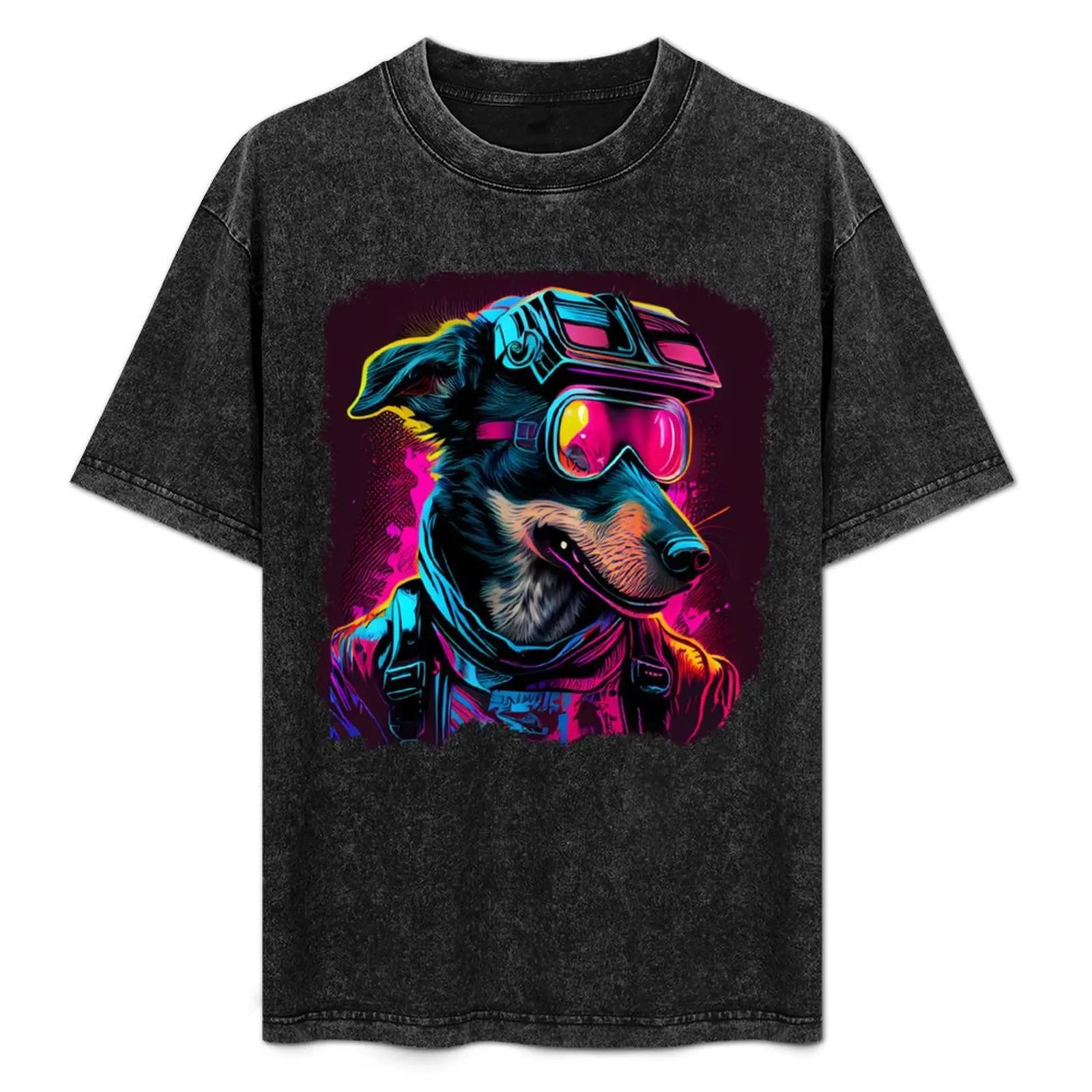 

Retro Synthwave Dog T-Shirt Graphic Print Short Sleeve T-Shirt